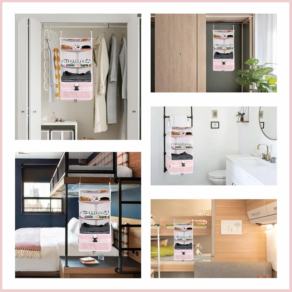 Hanging Shelves Travel Storage Bag Compression Packing Cube for Suitcase Collapsible with Extension Layer Large Capacity, Pink,XL