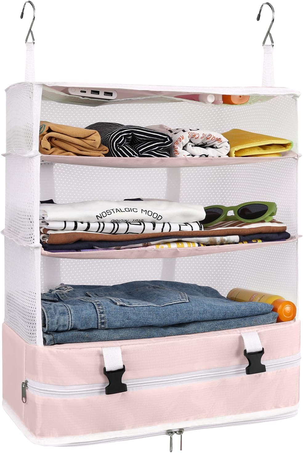 Hanging Shelves Travel Storage Bag Compression Packing Cube for Suitcase Collapsible with Extension Layer Large Capacity, Pink,XL