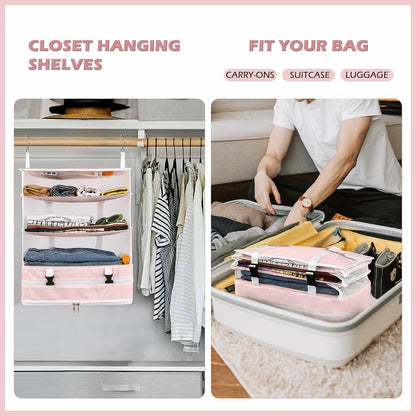 Hanging Shelves Travel Storage Bag Compression Packing Cube for Suitcase Collapsible with Extension Layer Large Capacity, Pink,XL