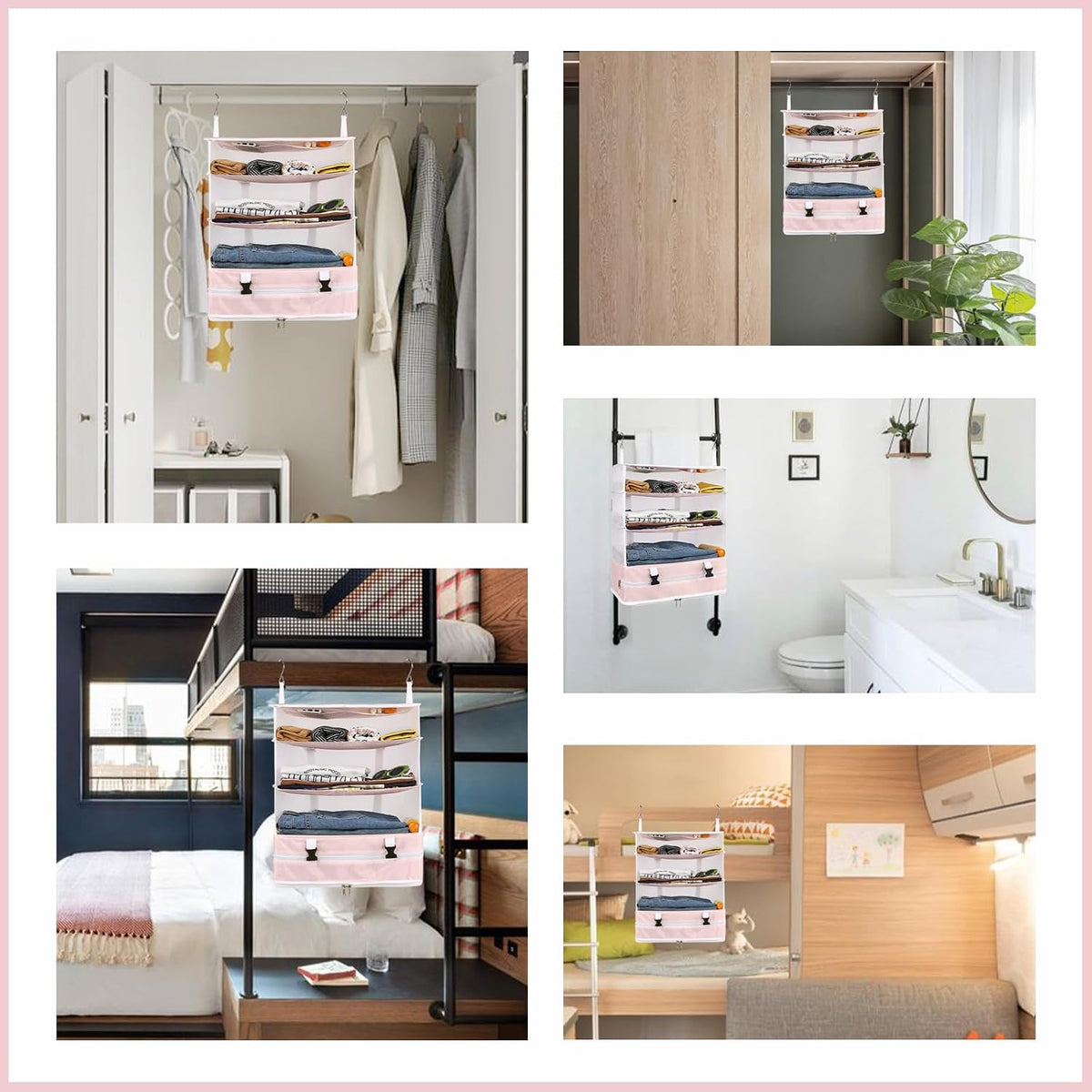Hanging Shelves Travel Storage Bag Compression Packing Cube for Suitcase Collapsible with Extension Layer Large Capacity, Pink,XL