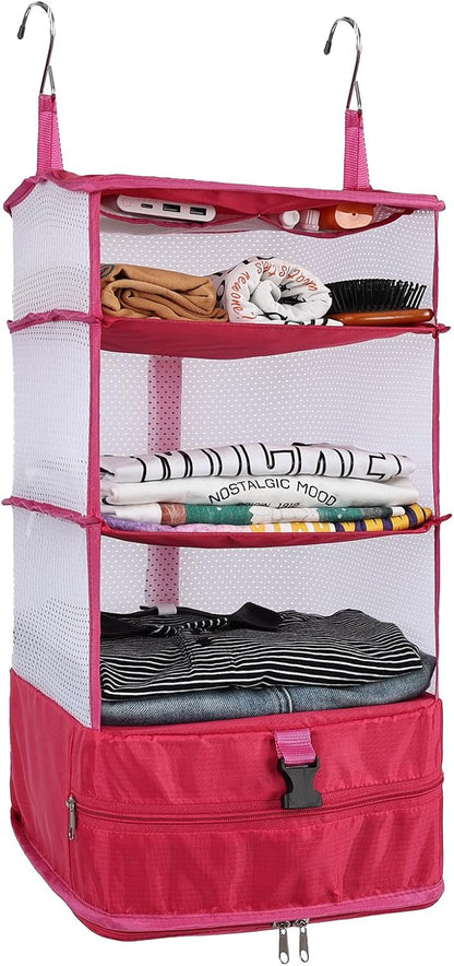 Hanging Shelves Travel Storage Bag Compression Packing Cube for Suitcase Collapsible with Extension Layer Large Capacity, Pink,XL