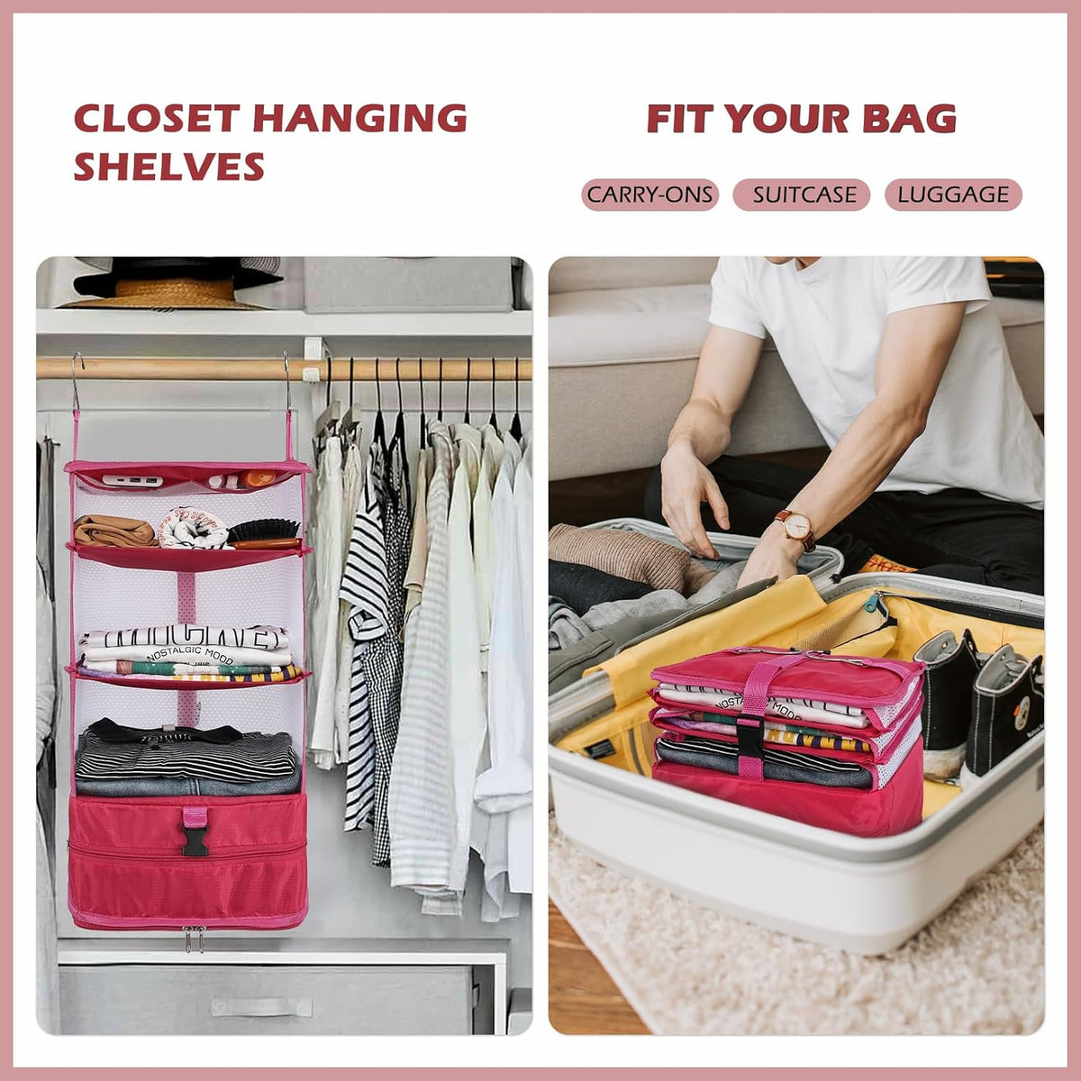 Hanging Shelves Travel Storage Bag Compression Packing Cube for Suitcase Collapsible with Extension Layer Large Capacity, Pink,XL