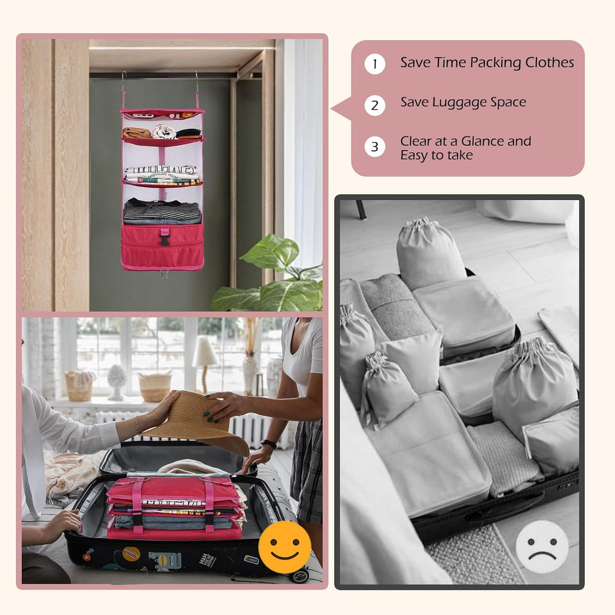 Hanging Shelves Travel Storage Bag Compression Packing Cube for Suitcase Collapsible with Extension Layer Large Capacity, Pink,XL