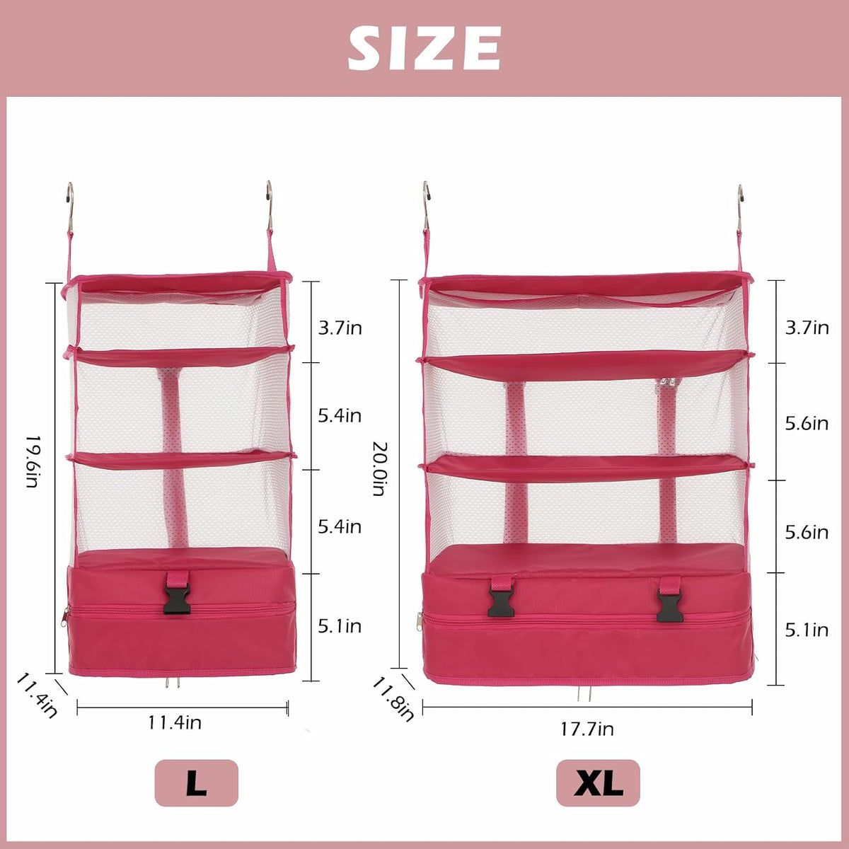 Hanging Shelves Travel Storage Bag Compression Packing Cube for Suitcase Collapsible with Extension Layer Large Capacity, Pink,XL