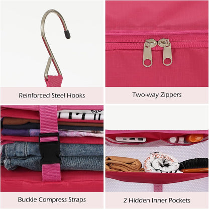 Hanging Shelves Travel Storage Bag Compression Packing Cube for Suitcase Collapsible with Extension Layer Large Capacity, Pink,XL