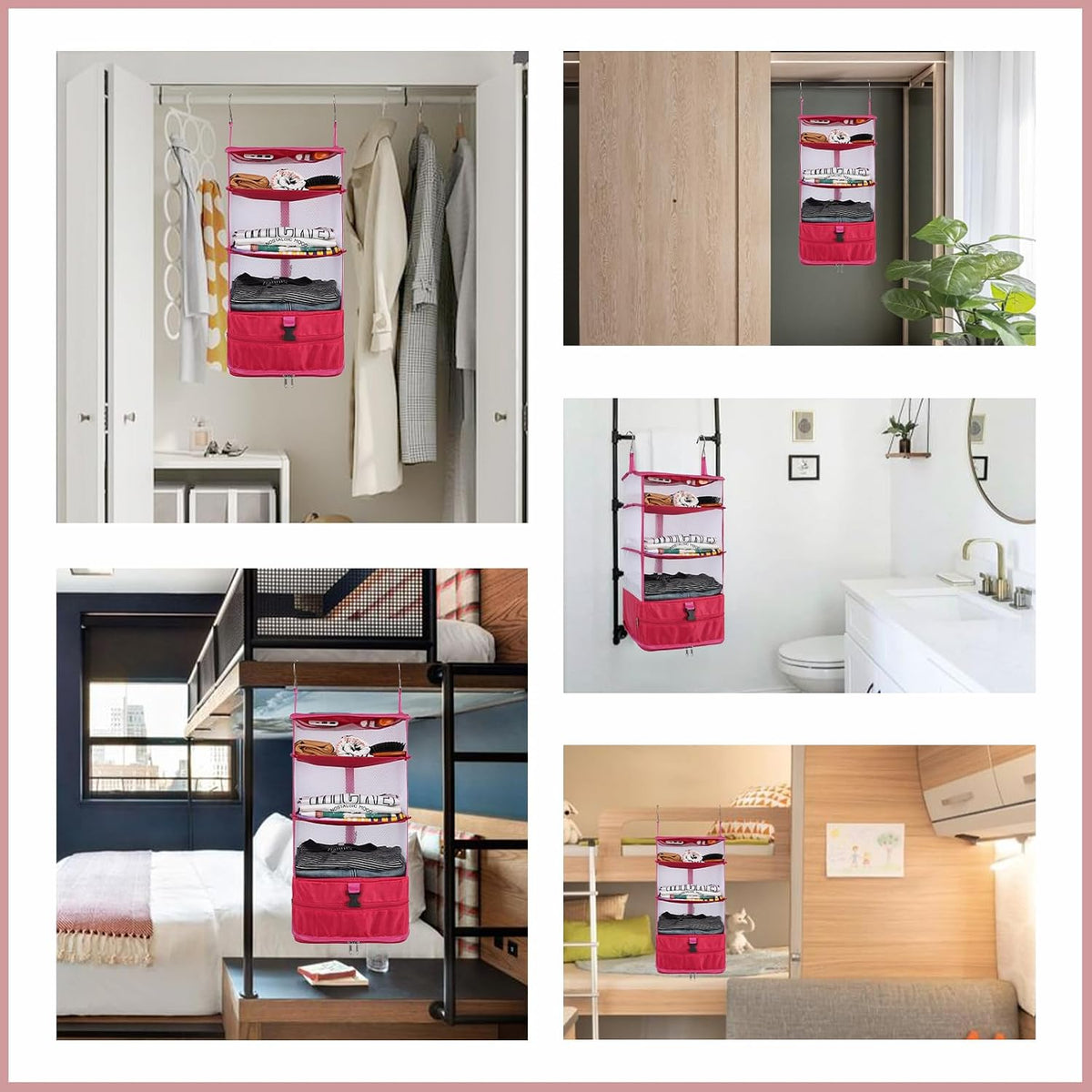 Hanging Shelves Travel Storage Bag Compression Packing Cube for Suitcase Collapsible with Extension Layer Large Capacity, Pink,XL