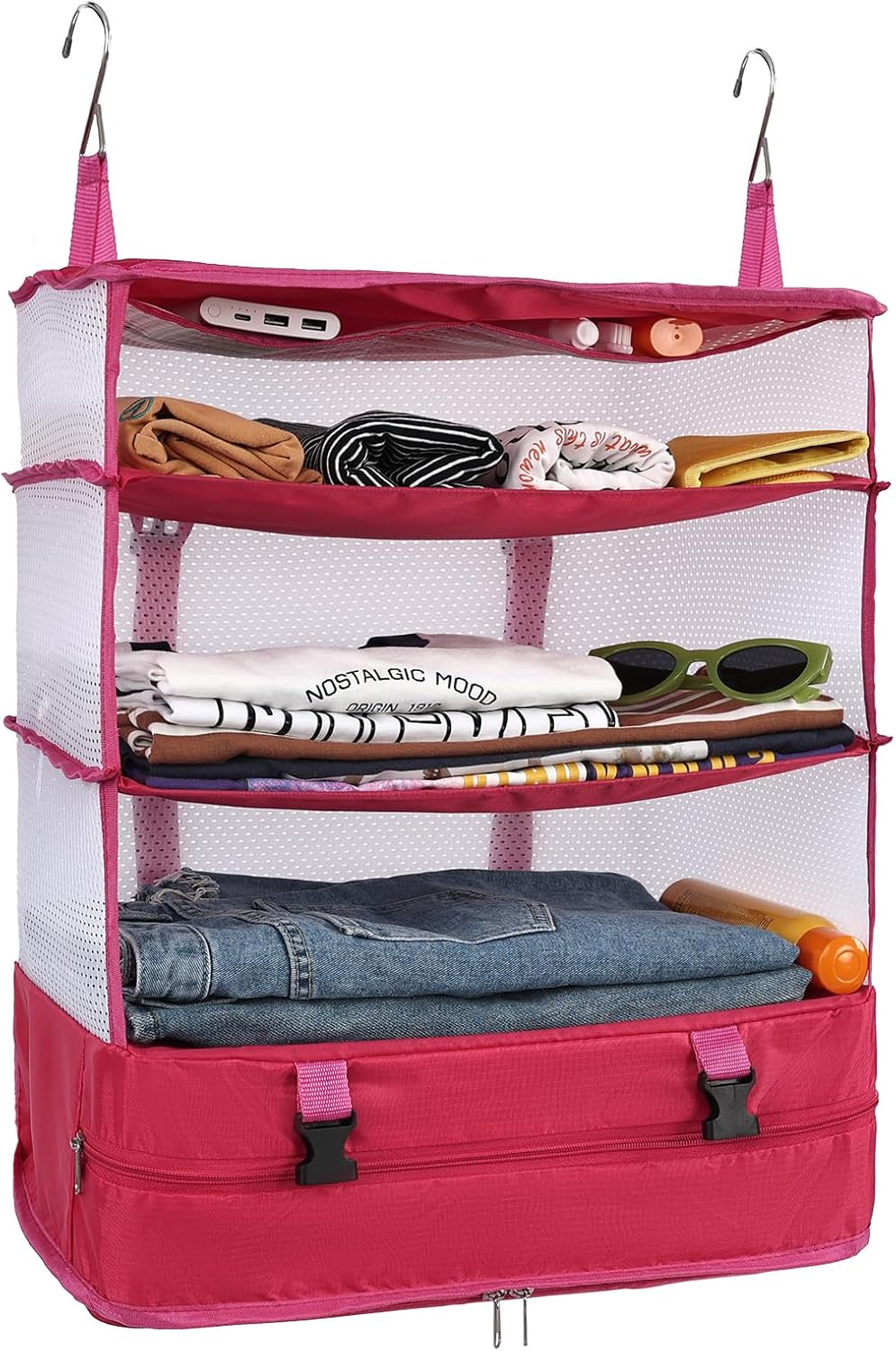Hanging Shelves Travel Storage Bag Compression Packing Cube for Suitcase Collapsible with Extension Layer Large Capacity, Pink,XL