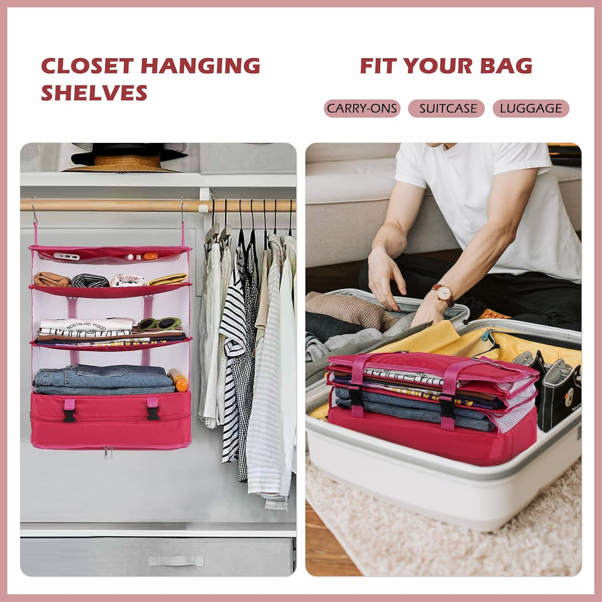 Hanging Shelves Travel Storage Bag Compression Packing Cube for Suitcase Collapsible with Extension Layer Large Capacity, Pink,XL