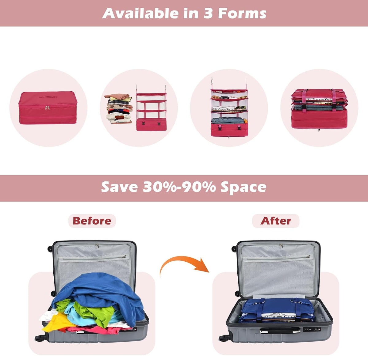 Hanging Shelves Travel Storage Bag Compression Packing Cube for Suitcase Collapsible with Extension Layer Large Capacity, Pink,XL