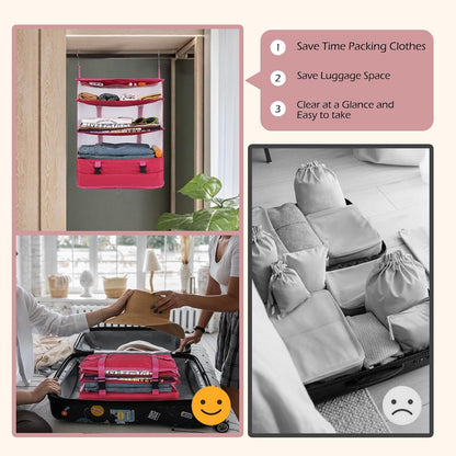 Hanging Shelves Travel Storage Bag Compression Packing Cube for Suitcase Collapsible with Extension Layer Large Capacity, Pink,XL