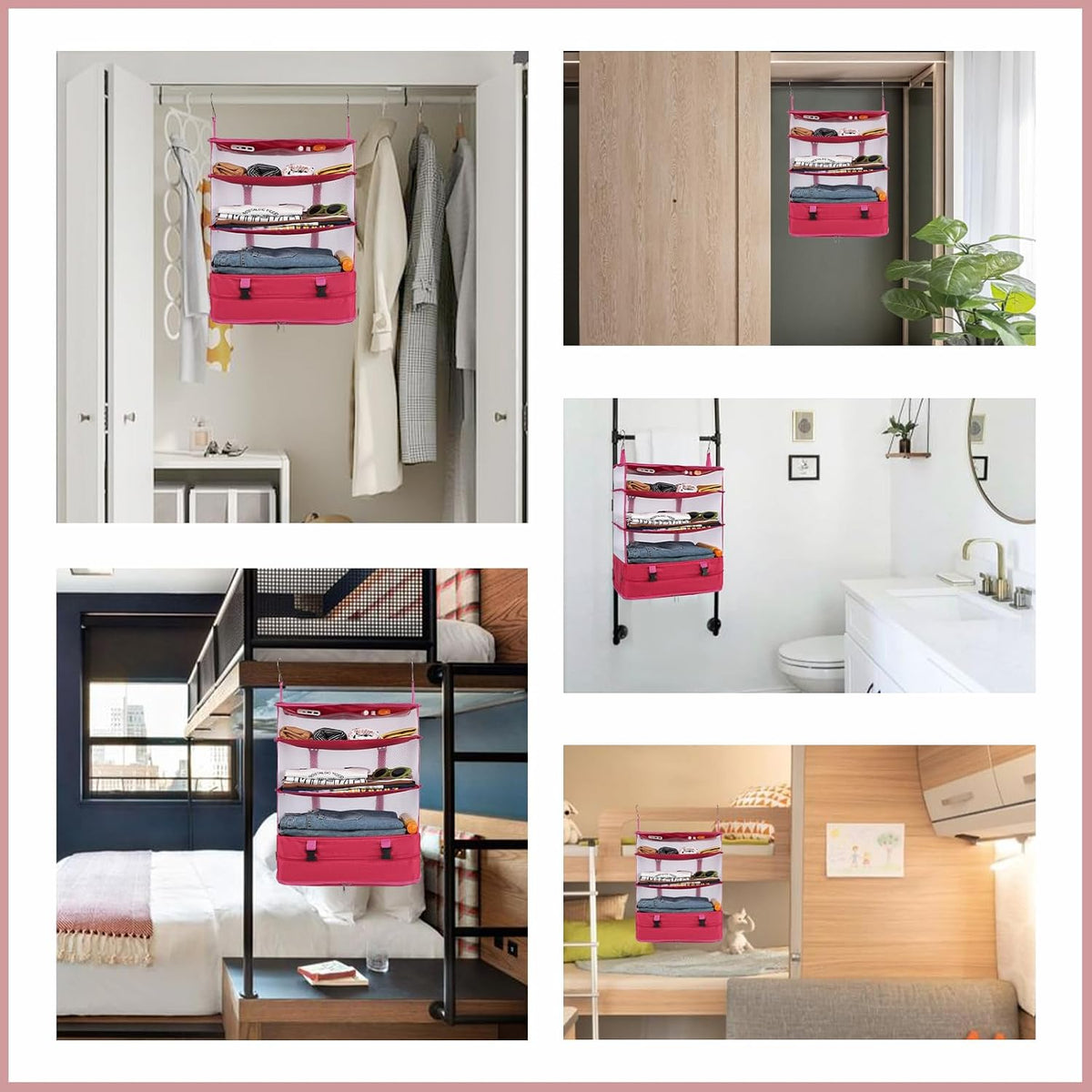 Hanging Shelves Travel Storage Bag Compression Packing Cube for Suitcase Collapsible with Extension Layer Large Capacity, Pink,XL