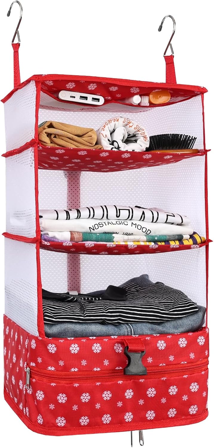 Hanging Shelves Travel Storage Bag Compression Packing Cube for Suitcase Collapsible with Extension Layer Large Capacity, Pink,XL