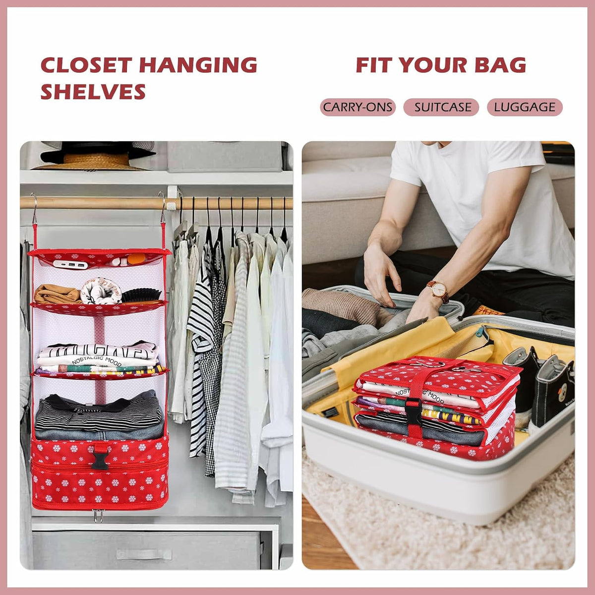 Hanging Shelves Travel Storage Bag Compression Packing Cube for Suitcase Collapsible with Extension Layer Large Capacity, Pink,XL