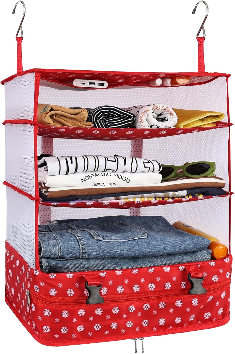 Hanging Shelves Travel Storage Bag Compression Packing Cube for Suitcase Collapsible with Extension Layer Large Capacity, Pink,XL