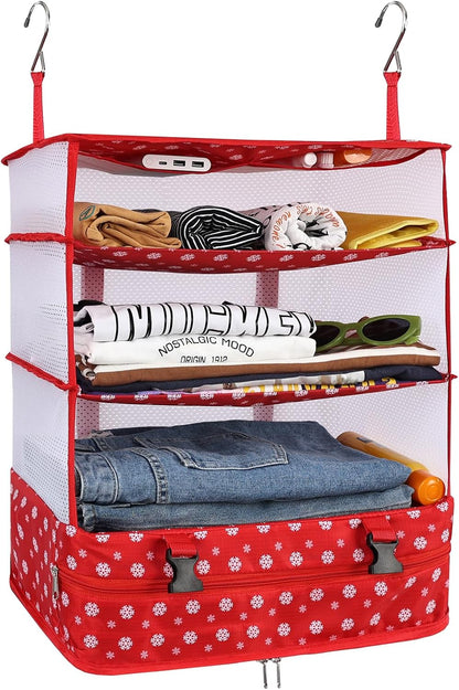 Hanging Shelves Travel Storage Bag Compression Packing Cube for Suitcase Collapsible with Extension Layer Large Capacity, Pink,XL