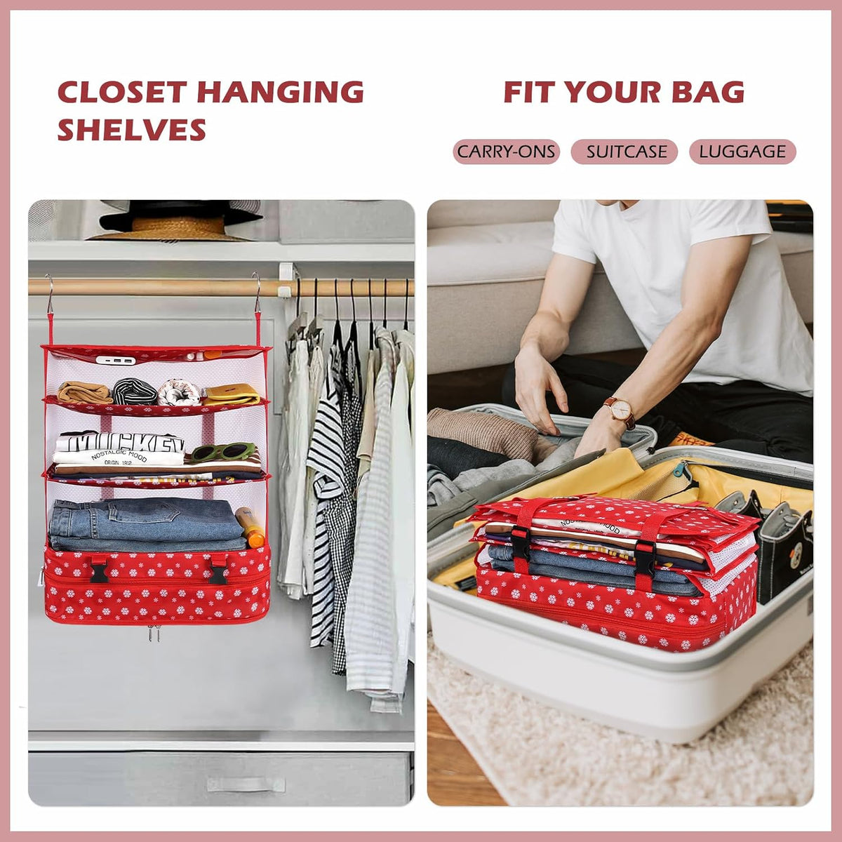 Hanging Shelves Travel Storage Bag Compression Packing Cube for Suitcase Collapsible with Extension Layer Large Capacity, Pink,XL