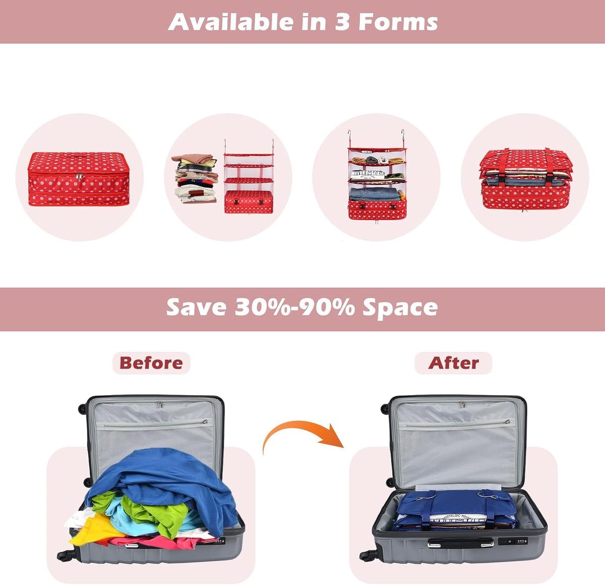 Hanging Shelves Travel Storage Bag Compression Packing Cube for Suitcase Collapsible with Extension Layer Large Capacity, Pink,XL