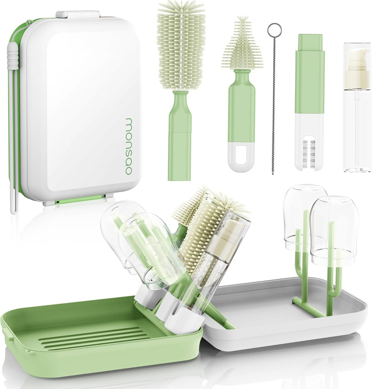 Baby Bottle Brush Set with Drying Rack, Portable Silicone Bottle Cleaner Kit for Bottles, Nipples and Straws, Travel Storage Box for Home and On-The-Go Use（Pink）