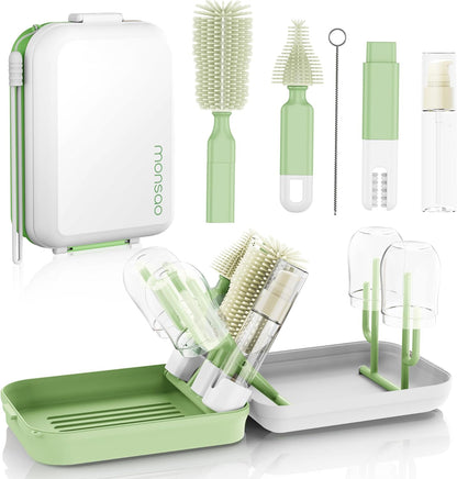 Baby Bottle Brush Set with Drying Rack, Portable Silicone Bottle Cleaner Kit for Bottles, Nipples and Straws, Travel Storage Box for Home and On-The-Go Use（Pink）