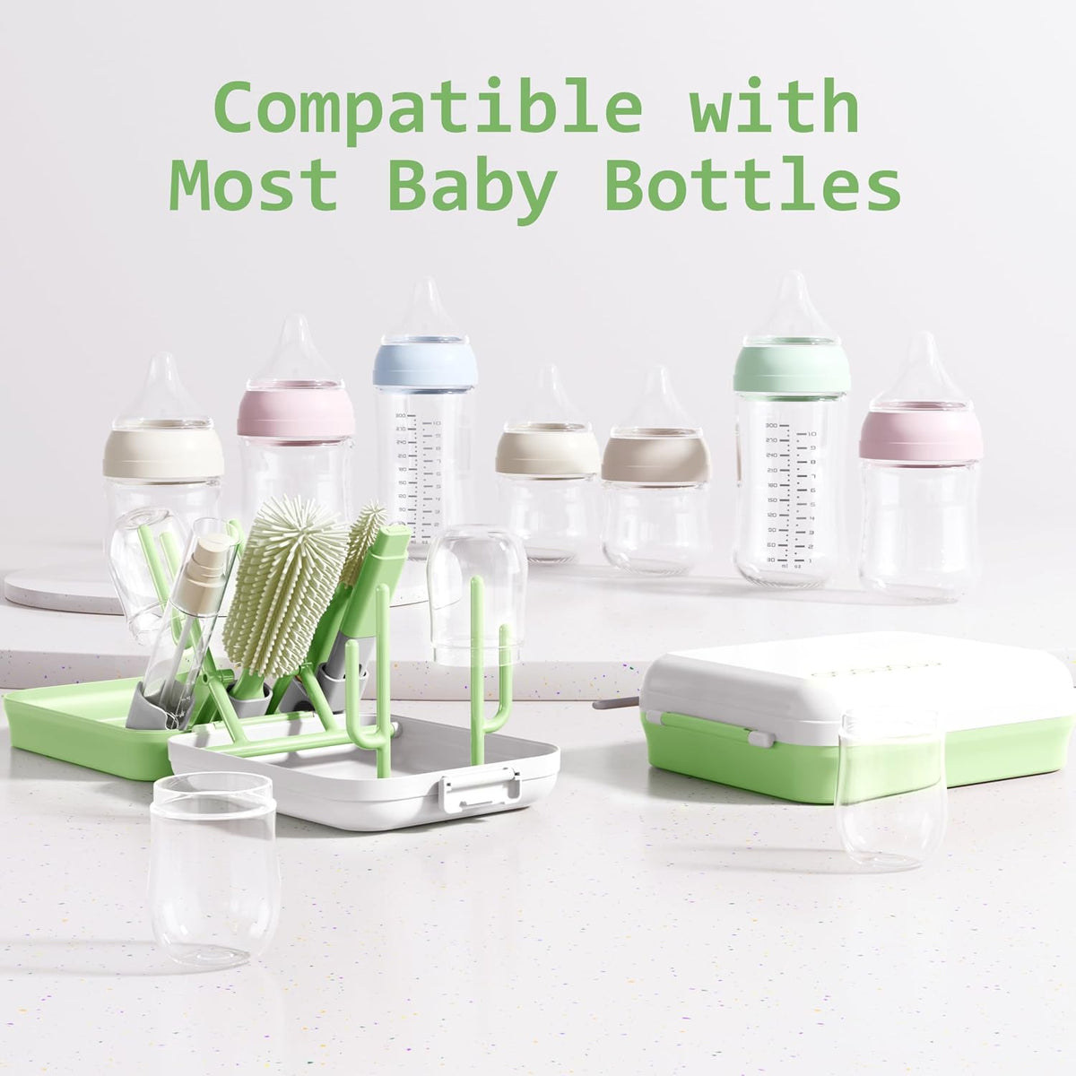 Baby Bottle Brush Set with Drying Rack, Portable Silicone Bottle Cleaner Kit for Bottles, Nipples and Straws, Travel Storage Box for Home and On-The-Go Use（Pink）