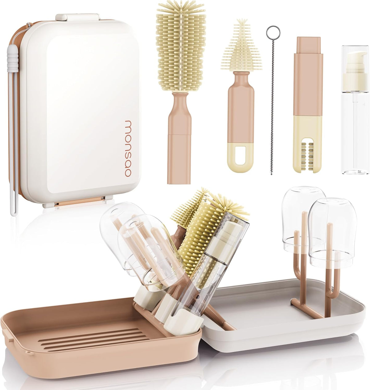 Baby Bottle Brush Set with Drying Rack, Portable Silicone Bottle Cleaner Kit for Bottles, Nipples and Straws, Travel Storage Box for Home and On-The-Go Use（Pink）