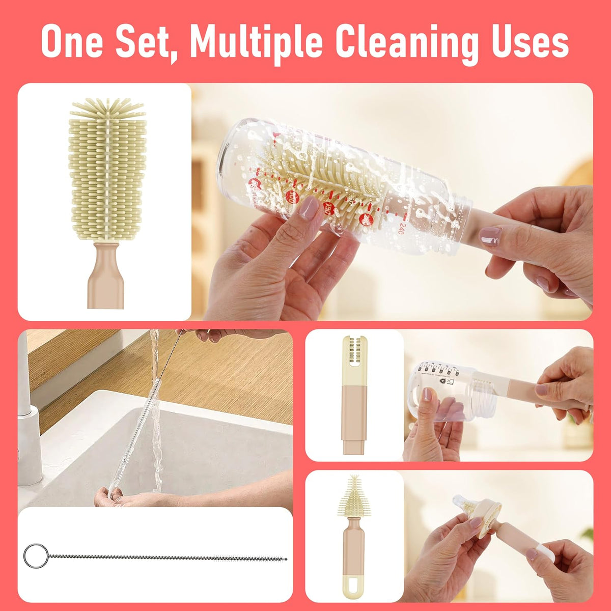 Baby Bottle Brush Set with Drying Rack, Portable Silicone Bottle Cleaner Kit for Bottles, Nipples and Straws, Travel Storage Box for Home and On-The-Go Use（Pink）