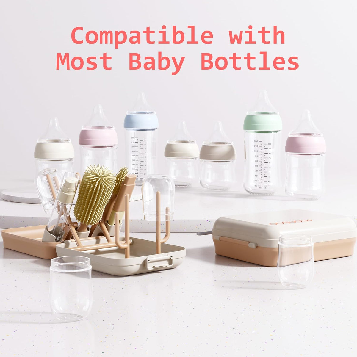 Baby Bottle Brush Set with Drying Rack, Portable Silicone Bottle Cleaner Kit for Bottles, Nipples and Straws, Travel Storage Box for Home and On-The-Go Use（Pink）