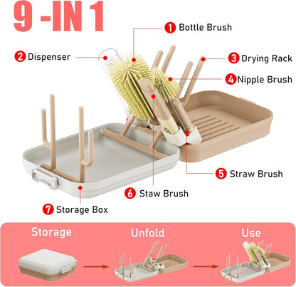 Baby Bottle Brush Set with Drying Rack, Portable Silicone Bottle Cleaner Kit for Bottles, Nipples and Straws, Travel Storage Box for Home and On-The-Go Use（Pink）