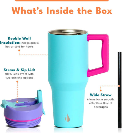 100% Leak Proof 32oz Tumbler with Handle & Straw Travel Mug | Stainless Steel Double Wall Insulated Tumbler for Hot and Cold Beverages with Sip & Straw Lid - Colors B