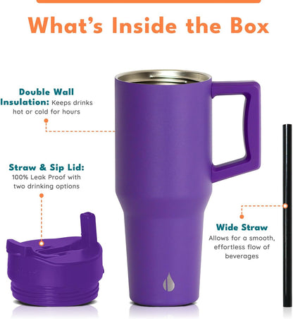 100% Leak Proof 32oz Tumbler with Handle & Straw Travel Mug | Stainless Steel Double Wall Insulated Tumbler for Hot and Cold Beverages with Sip & Straw Lid - Colors B