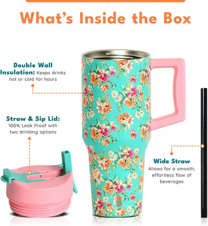 100% Leak Proof 32oz Tumbler with Handle & Straw Travel Mug | Stainless Steel Double Wall Insulated Tumbler for Hot and Cold Beverages with Sip & Straw Lid - Colors B