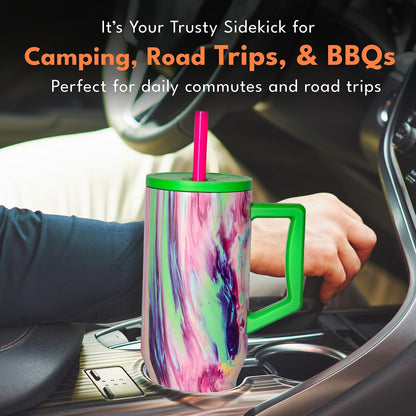 100% Leak Proof 32oz Tumbler with Handle & Straw Travel Mug | Stainless Steel Double Wall Insulated Tumbler for Hot and Cold Beverages with Sip & Straw Lid - Colors B