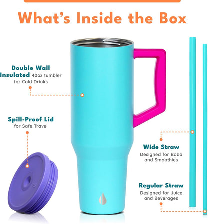 100% Leak Proof 32oz Tumbler with Handle & Straw Travel Mug | Stainless Steel Double Wall Insulated Tumbler for Hot and Cold Beverages with Sip & Straw Lid - Colors B