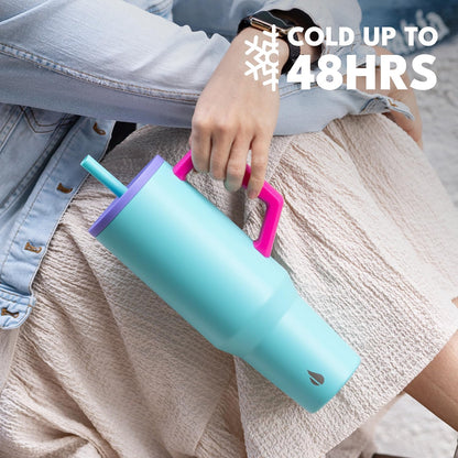 100% Leak Proof 32oz Tumbler with Handle & Straw Travel Mug | Stainless Steel Double Wall Insulated Tumbler for Hot and Cold Beverages with Sip & Straw Lid - Colors B