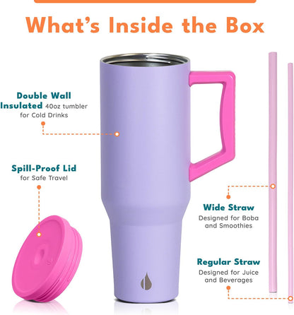100% Leak Proof 32oz Tumbler with Handle & Straw Travel Mug | Stainless Steel Double Wall Insulated Tumbler for Hot and Cold Beverages with Sip & Straw Lid - Colors B