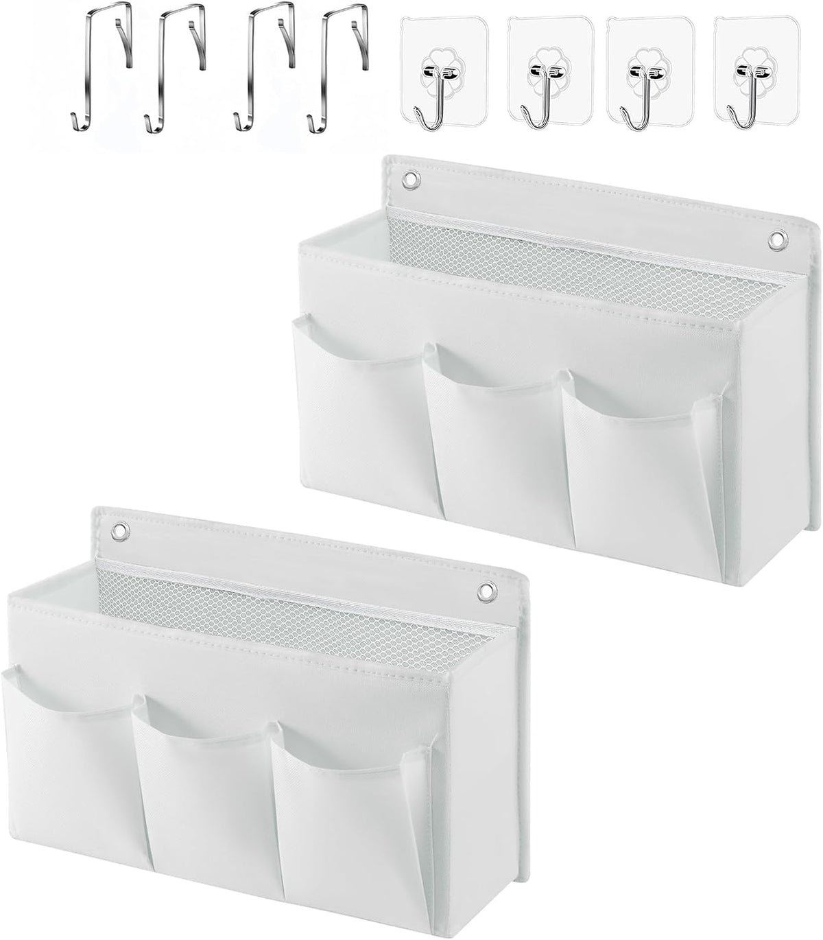 2-Pack Hanging Storage Baskets - Wall Organizer with 3 Pockets for Home/Dorm/Closet/Door, Multi-Purpose Space Saver for Office/Bathroom/Nursery - Foldable Fabric Organizer (Pink)