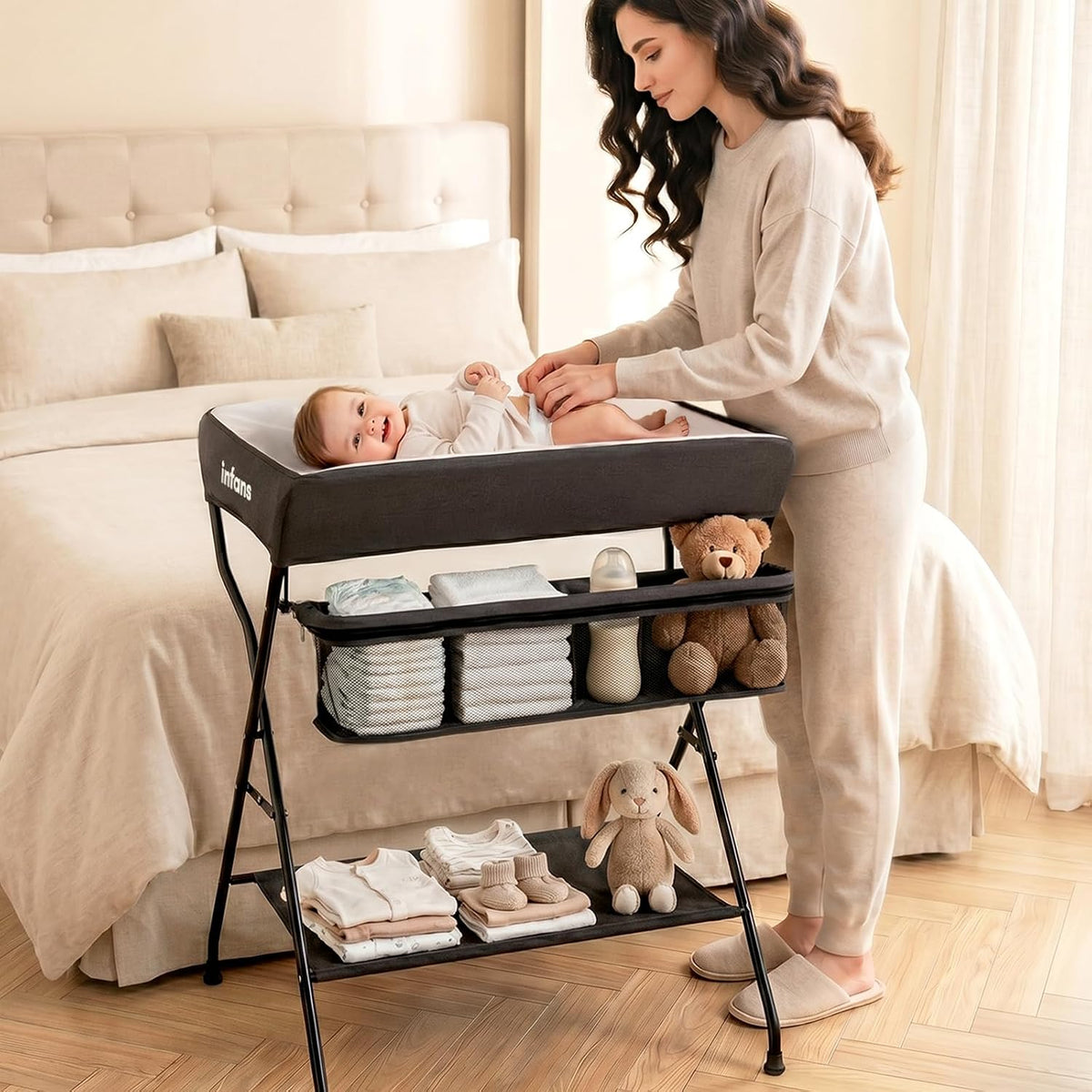 Baby Changing Table, Folding Diaper Station Portable Nursery Organizer with Safety Belt and Large Storage Racks for Newborn Baby and Infant (Black)