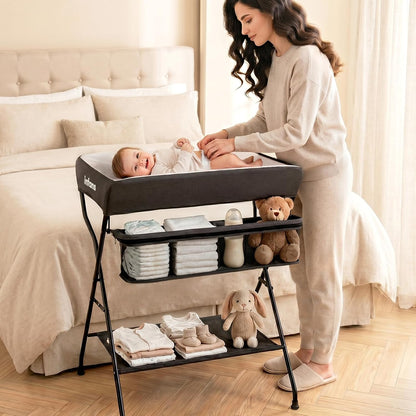 Baby Changing Table, Folding Diaper Station Portable Nursery Organizer with Safety Belt and Large Storage Racks for Newborn Baby and Infant (Black)