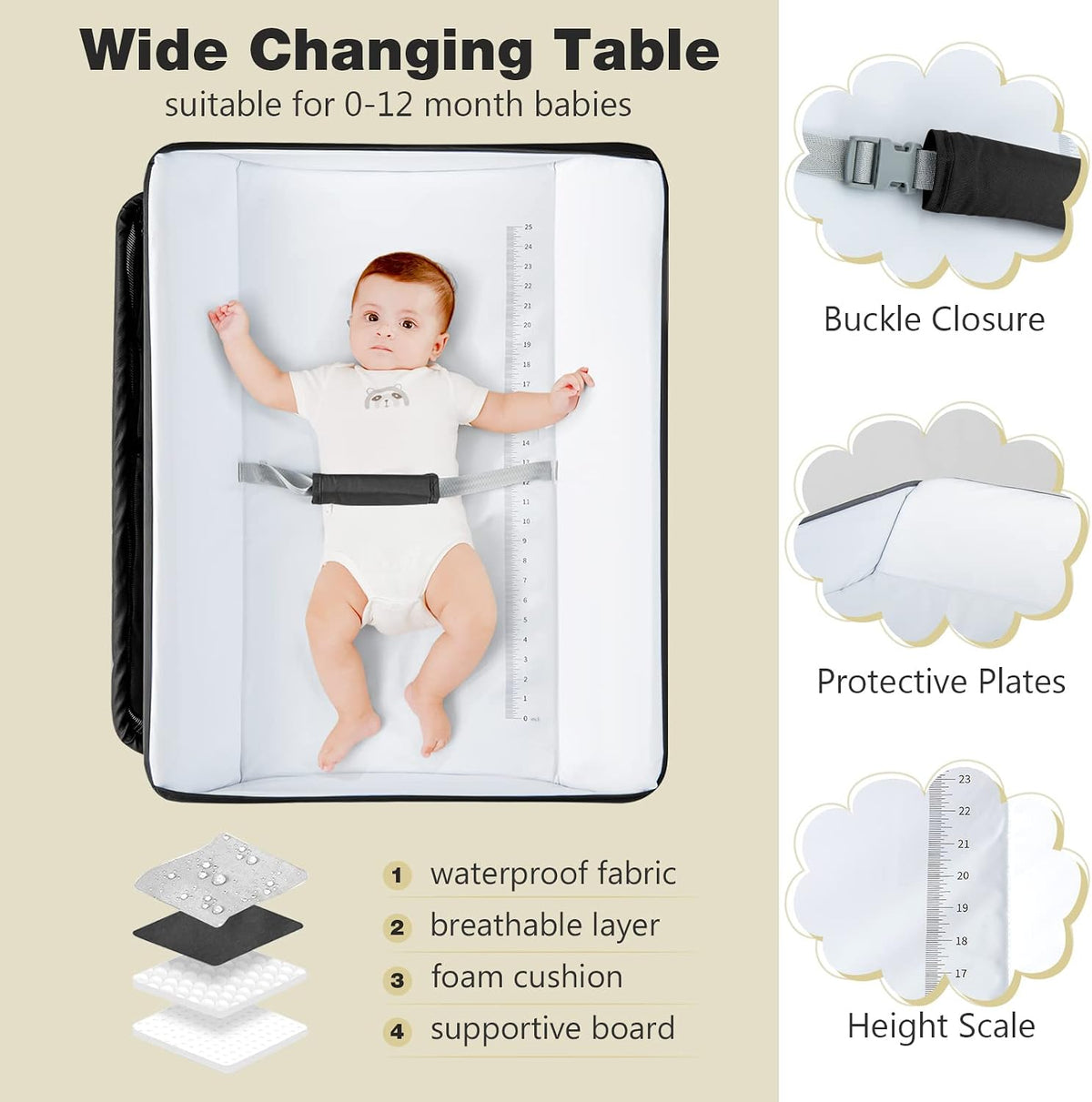 Baby Changing Table, Folding Diaper Station Portable Nursery Organizer with Safety Belt and Large Storage Racks for Newborn Baby and Infant (Black)