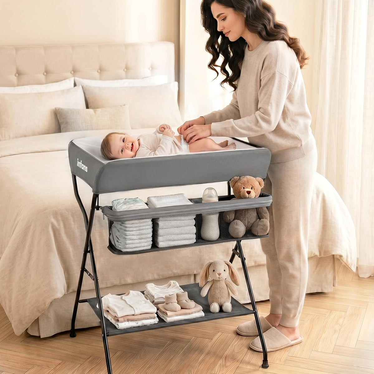 Baby Changing Table, Folding Diaper Station Portable Nursery Organizer with Safety Belt and Large Storage Racks for Newborn Baby and Infant (Black)