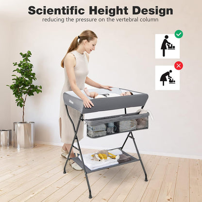 Baby Changing Table, Folding Diaper Station Portable Nursery Organizer with Safety Belt and Large Storage Racks for Newborn Baby and Infant (Black)
