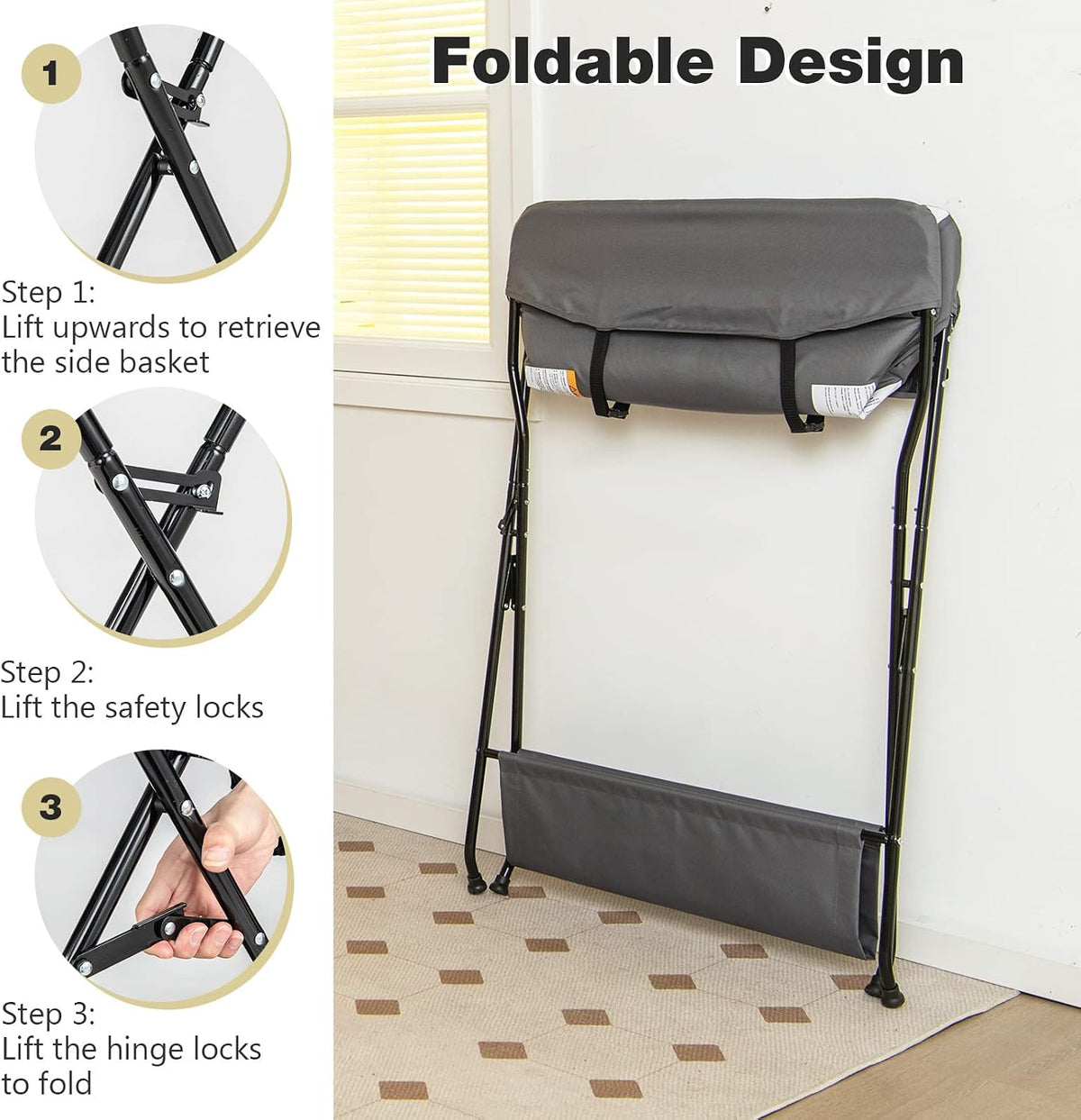 Baby Changing Table, Folding Diaper Station Portable Nursery Organizer with Safety Belt and Large Storage Racks for Newborn Baby and Infant (Black)