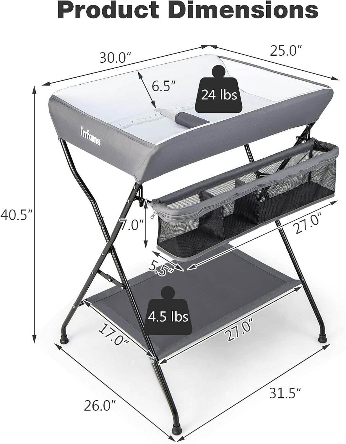 Baby Changing Table, Folding Diaper Station Portable Nursery Organizer with Safety Belt and Large Storage Racks for Newborn Baby and Infant (Black)