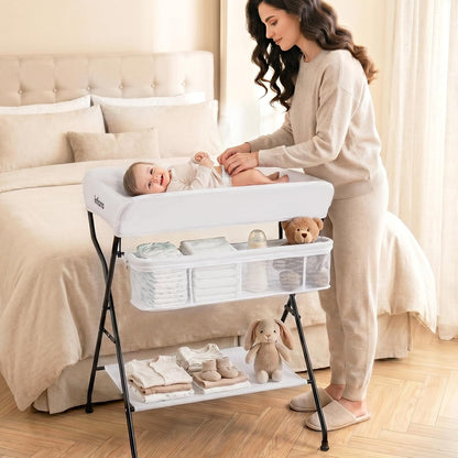 Baby Changing Table, Folding Diaper Station Portable Nursery Organizer with Safety Belt and Large Storage Racks for Newborn Baby and Infant (Black)