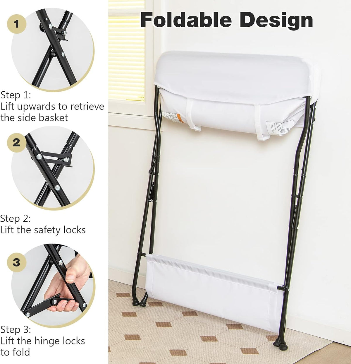 Baby Changing Table, Folding Diaper Station Portable Nursery Organizer with Safety Belt and Large Storage Racks for Newborn Baby and Infant (Black)
