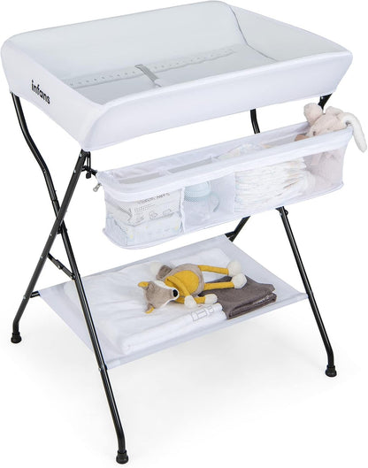 Baby Changing Table, Folding Diaper Station Portable Nursery Organizer with Safety Belt and Large Storage Racks for Newborn Baby and Infant (Black)