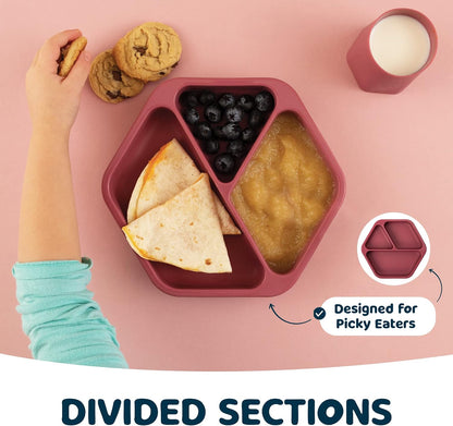 Silicone Suction Baby Plate, Suction Grip Divided Dish for First Foods and Self-Feeding Toddlers, Baby Led Weaning Supplies for Independent Eating (Indigo Plate with Lid)