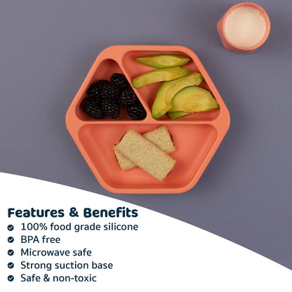 Silicone Suction Baby Plate, Suction Grip Divided Dish for First Foods and Self-Feeding Toddlers, Baby Led Weaning Supplies for Independent Eating (Indigo Plate with Lid)