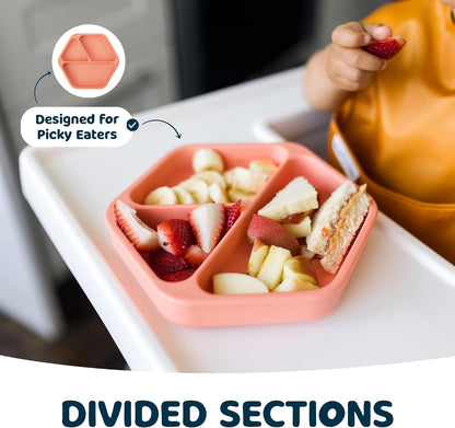 Silicone Suction Baby Plate, Suction Grip Divided Dish for First Foods and Self-Feeding Toddlers, Baby Led Weaning Supplies for Independent Eating (Indigo Plate with Lid)