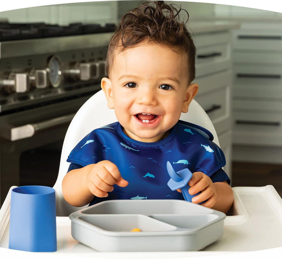 Silicone Suction Baby Plate, Suction Grip Divided Dish for First Foods and Self-Feeding Toddlers, Baby Led Weaning Supplies for Independent Eating (Indigo Plate with Lid)